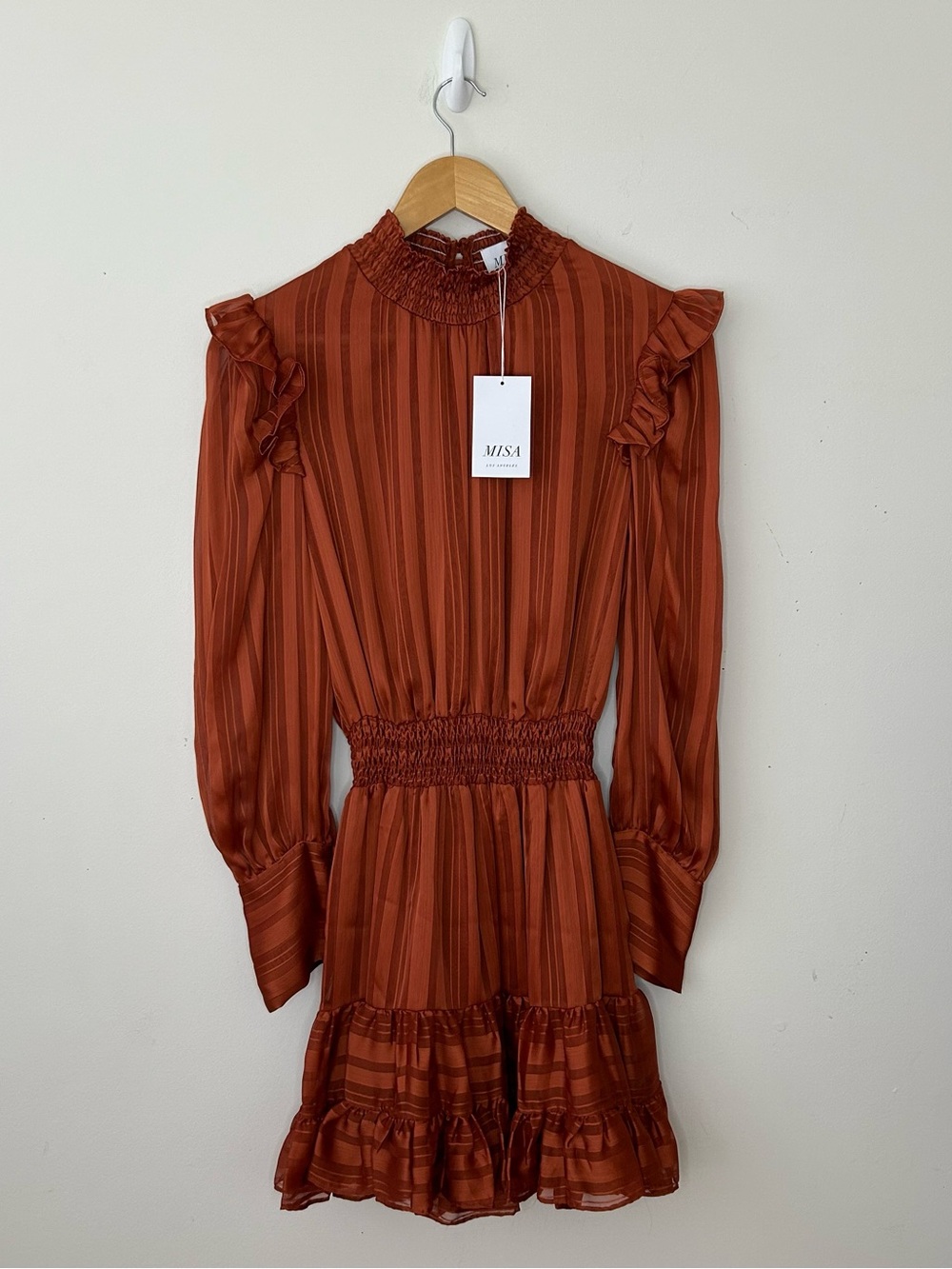 MISA Los Angeles Women's Ruffled Mini Dress Long Sleeve Striped Rust  Size XS